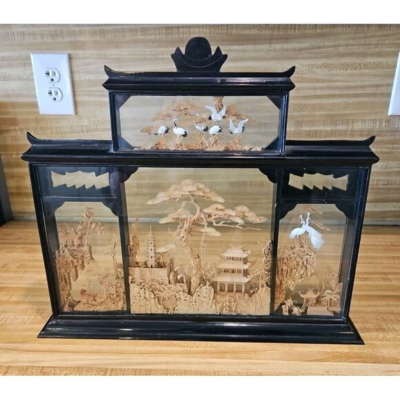 Vintage Chinese Cork Craving Diorama 4 screens handmade 17”L X3” W 15” H - Picture 2 of 6